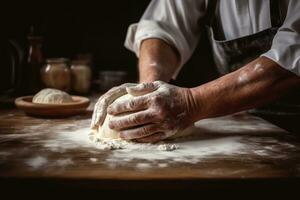 A man is kneading dough on a wooden table AI Generated photo