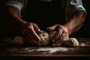 A man is kneading dough on a wooden table AI Generated photo