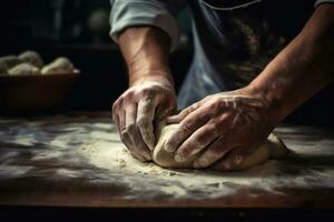 A man is kneading dough on a wooden table AI Generated photo
