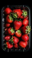 Strawberries in a plastic container on a black background AI Generated photo