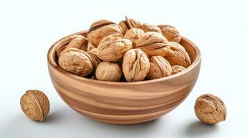 Walnut in a wooden bowl on a white background AI Generated photo