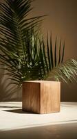 A wooden cube sitting next to a palm tree AI Generated photo