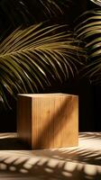 A wooden cube sitting next to a palm tree AI Generated photo