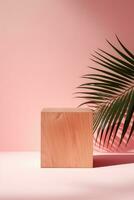 A wooden cube sitting next to a palm tree AI Generated photo