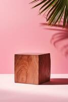 A wooden cube sitting next to a palm tree AI Generated photo