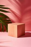 A wooden cube sitting next to a palm tree AI Generated photo