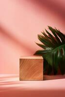 A wooden cube sitting next to a palm tree AI Generated photo