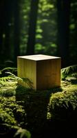 A wooden cube sitting on top of a mossy forest AI Generated photo