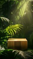 A wooden cube sitting on top of a mossy forest AI Generated photo