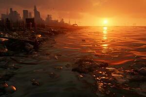 Sunset over polluted coastline reveals environmental damage AI Generative photo