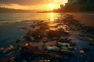 Sunset over polluted coastline reveals environmental damage AI Generative photo