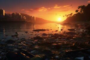 Sunset over polluted coastline reveals environmental damage AI Generative photo