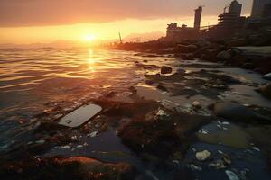 Sunset over polluted coastline reveals environmental damage AI Generative photo