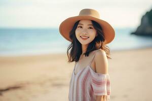 Young asian woman in summer dress and big smile AI Generative photo