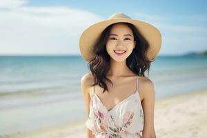 Young asian woman in summer dress and big smile AI Generative photo