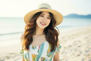 Young asian woman in summer dress and big smile AI Generative photo