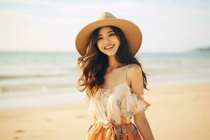 Young asian woman in summer dress and big smile AI Generative photo