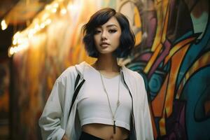 Beautiful asian girls short hair in casual outfit AI Generative photo