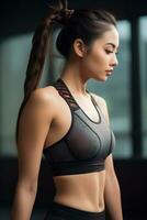 a young asian girl with brown hair pulled back wearing sport bra AI Generative photo
