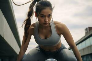 a young asian girl with brown hair pulled back wearing sport bra AI Generative photo