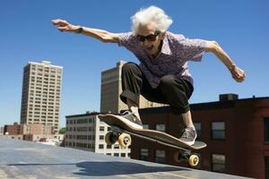 A retired woman having fun on a skateboard.AI generative photo