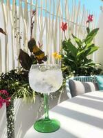 Cocktail with lemon tonic on tropical flowerbed background photo