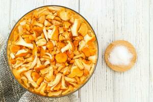 Cantharellus Cibarius, chanterelle mushrooms yellow soaked in water with salt photo