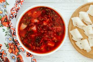 Traditional Ukrainian dish borscht with lard photo