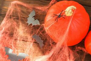 Pumpkin with spiders and cobwebs on a wooden table, Halloween concept photo