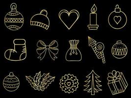 Golden christmas ornaments set with balls, snowflakes, hats, star, Christmas tree, orange, sock, gift, drink and garlands. vector