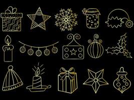 Golden christmas ornaments set with balls, snowflakes, hats, star, Christmas tree, orange, sock, gift, drink and garlands. vector