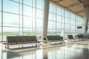 Interior of airport terminal with panoramic window and airplan. Generative AI photo