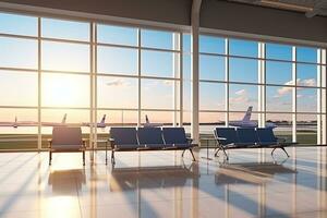 Interior of airport terminal with panoramic window and airplan. Generative AI photo