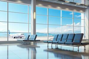 Interior of airport terminal with panoramic window and airplan. Generative AI photo