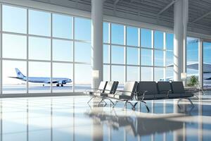 Interior of airport terminal with panoramic window and airplan. Generative AI photo