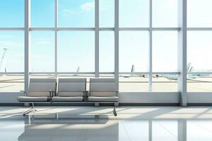 Interior of airport terminal with panoramic window and airplan. Generative AI photo