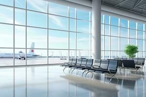 Interior of airport terminal with panoramic window and airplan. Generative AI photo