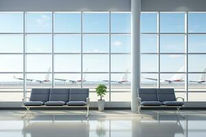 Interior of airport terminal with panoramic window and airplan. Generative AI photo