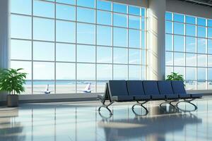 Interior of airport terminal with panoramic window and airplan. Generative AI photo