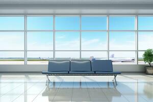 Interior of airport terminal with panoramic window and airplan. Generative AI photo