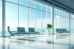 Interior of airport terminal with panoramic window and airplan. Generative AI photo