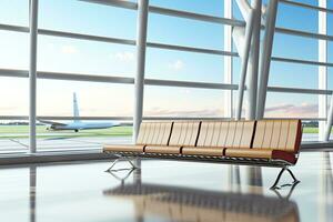 Interior of airport terminal with panoramic window and airplan. Generative AI photo