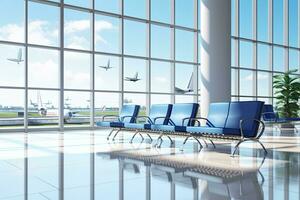 Interior of airport terminal with panoramic window and airplan. Generative AI photo