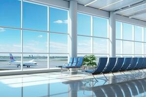 Interior of airport terminal with panoramic window and airplan. Generative AI photo