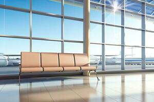 Interior of airport terminal with panoramic window and airplan. Generative AI photo