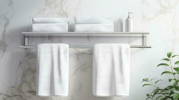 White towel hanging on the wall in bathroom with white marble tile wall. Bathroom interior. Generative AI photo