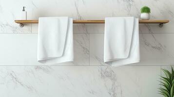 White towel hanging on the wall in bathroom with white marble tile wall. Bathroom interior. Generative AI photo