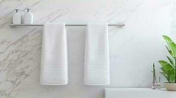 White towel hanging on the wall in bathroom with white marble tile wall. Bathroom interior. Generative AI photo