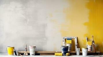 Repair and painting tools of walls in room. Renovation and decoration. Generative AI photo
