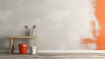 Repair and painting tools of walls in room. Renovation and decoration. Generative AI photo